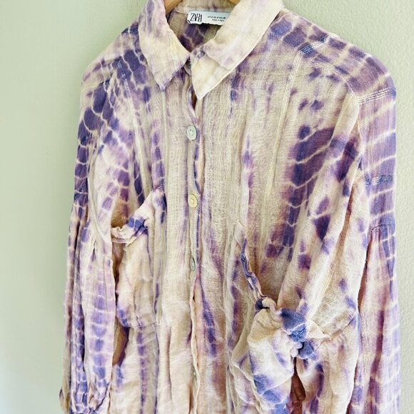 Zara Tie-Dye Linen Blend Blouse Limited Edition Womens Size Small Purple Relaxed - Picture 3 of 9